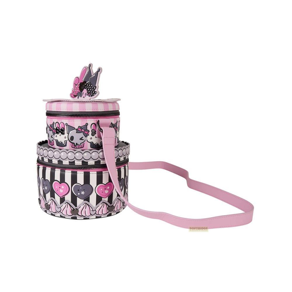 Bolso redondo de dos niveles con correas rosas y diseños lindos como cupcakes y corazones.