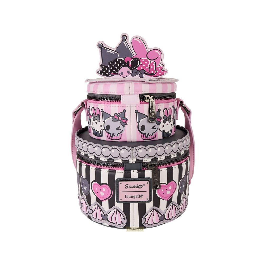 Una bolsa apilada rosa y negra con diseños de Kuromi y lazos.