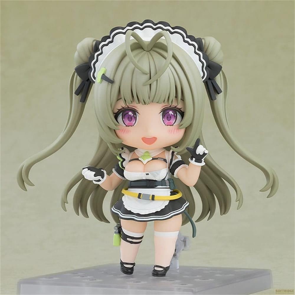 Figura anime da cameriera con capelli verde chiaro, occhi viola, posa giocosa.