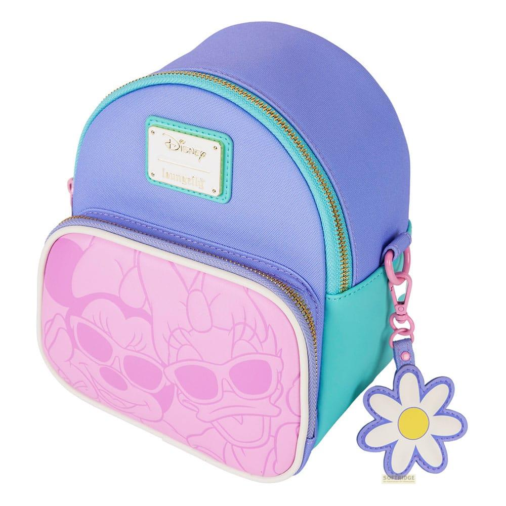 Mochila morada con detalles rosas y turquesas, con Minnie y Daisy.