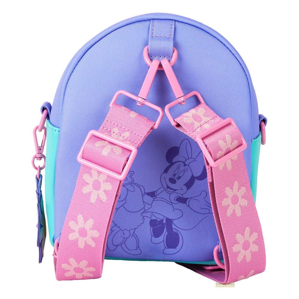 Mochila morada con estampado floral y Minnie Mouse. Correas rosas.