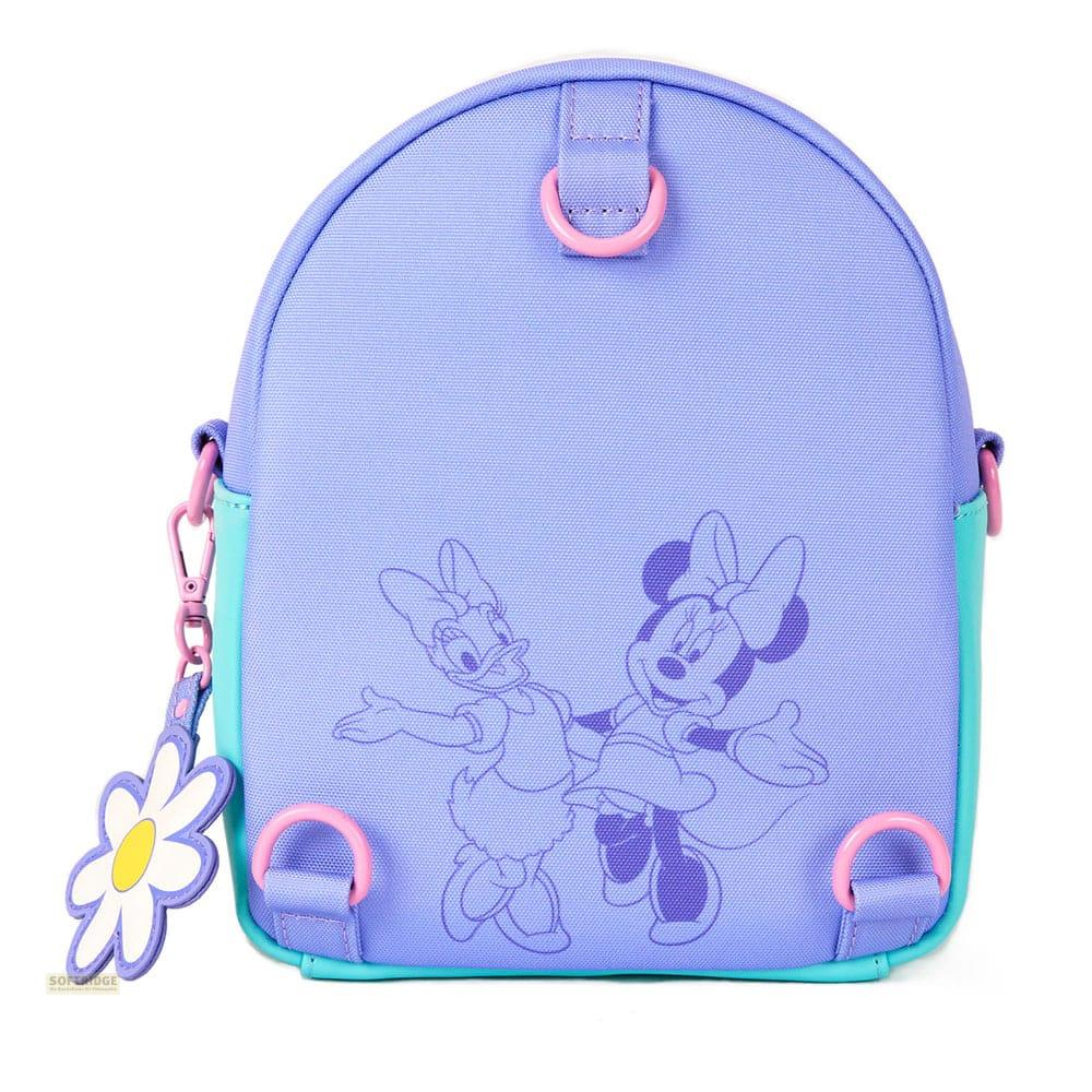 Mochila morada con estampado de Daisy Duck y Minnie Mouse, con colgante de flor.