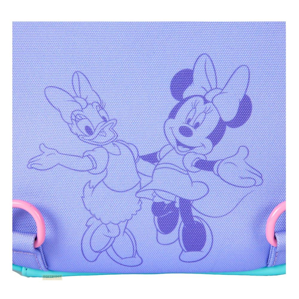 Minnie Mouse y Daisy Duck en una mochila lavanda con correas rosas.