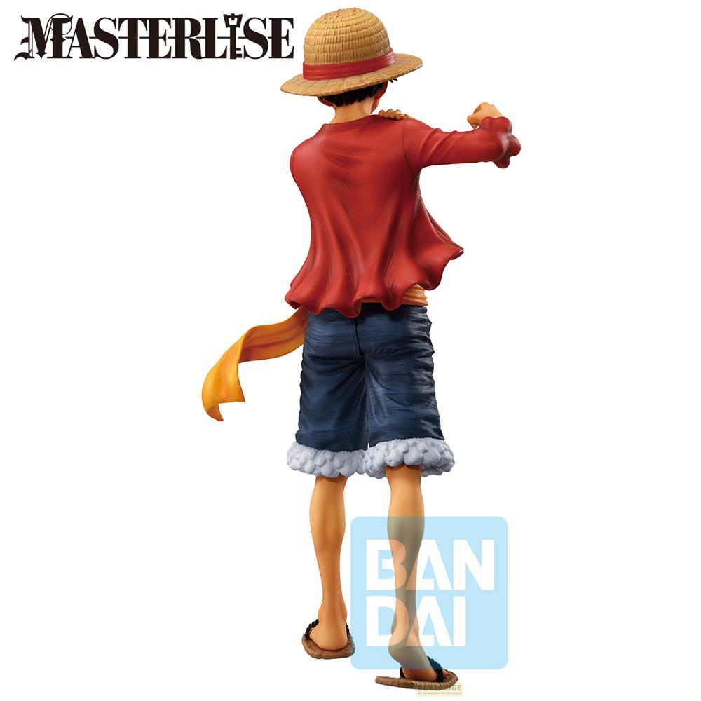 Una figura de Luffy con sombrero de paja, camisa roja, shorts azules y sandalias.