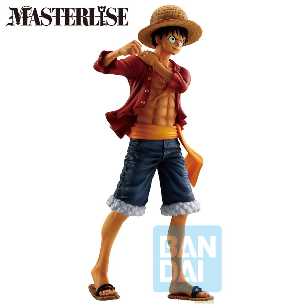 Figura de Monkey D. Luffy con sombrero de paja, chaqueta roja, pantalones cortos azules y fajín amarillo.