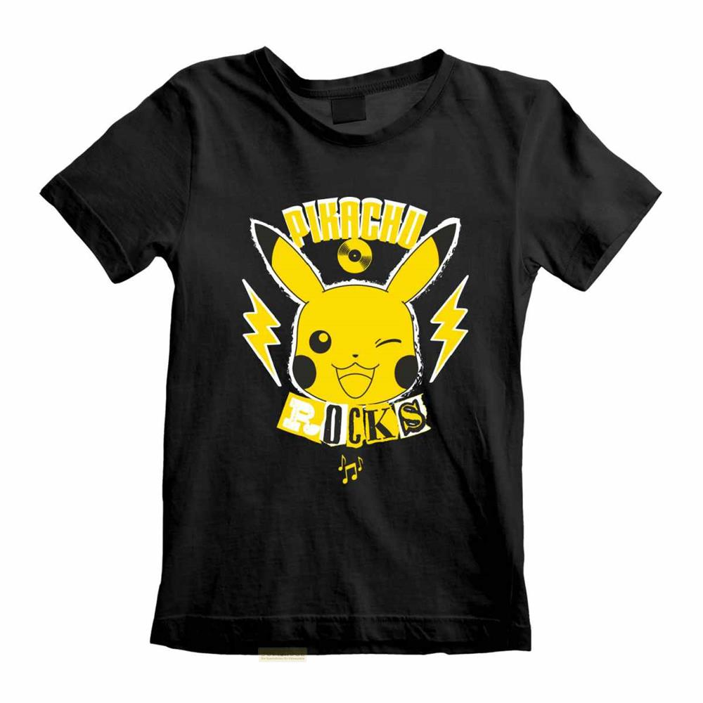 Schwarzes T-Shirt mit Pikachu-Grafik, das sagt "Pikachu Rocks".
