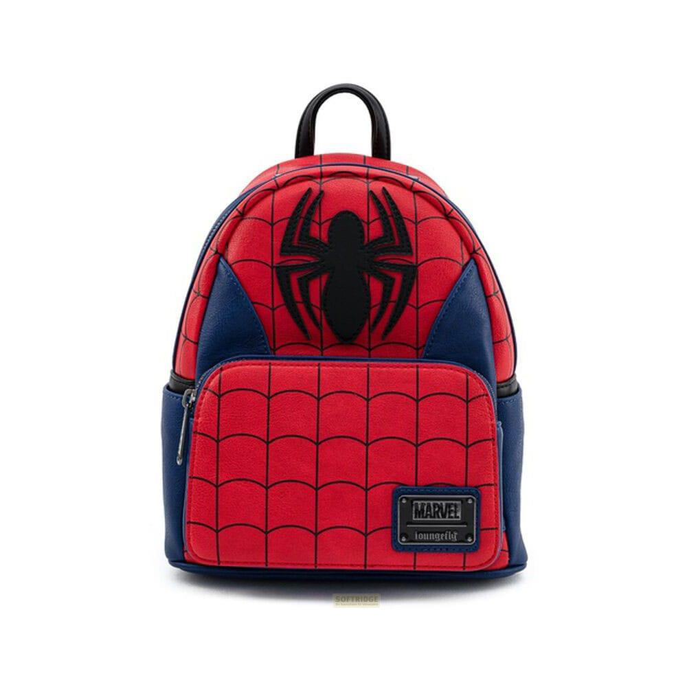 Una mochila roja y azul con diseño de Spiderman y logo de araña negro.