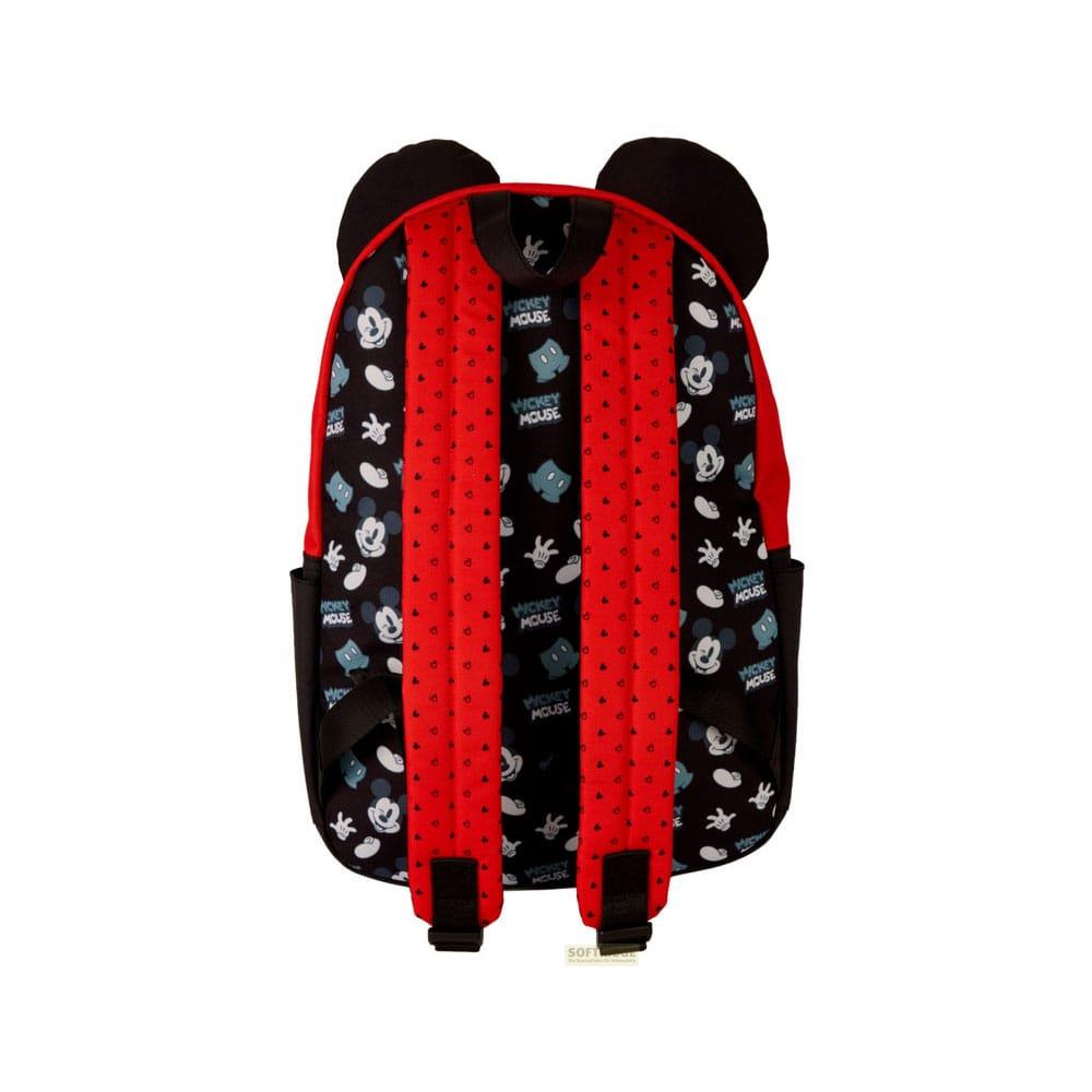 Mochila negra con estampado de Mickey Mouse, correas rojas y orejas.