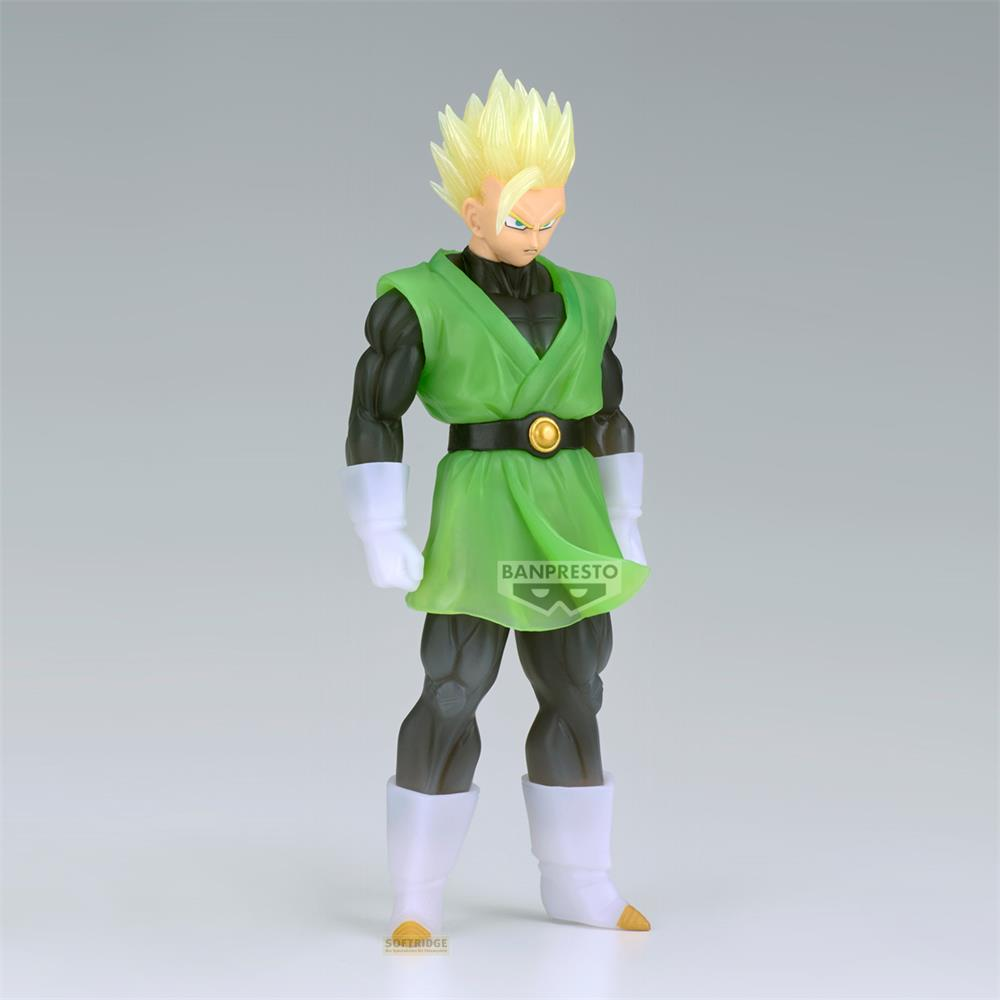 Una figura de acción de un hombre con pelo rubio puntiagudo, chaleco verde y ropa oscura.