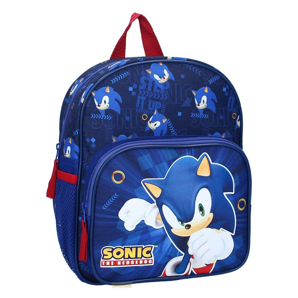 Una mochila azul de Sonic con una imagen grande de Sonic en el bolsillo delantero.