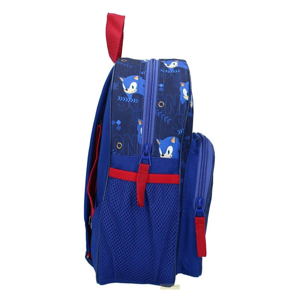 Una mochila azul con diseño de Sonic, detalles rojos y bolsillos de malla.
