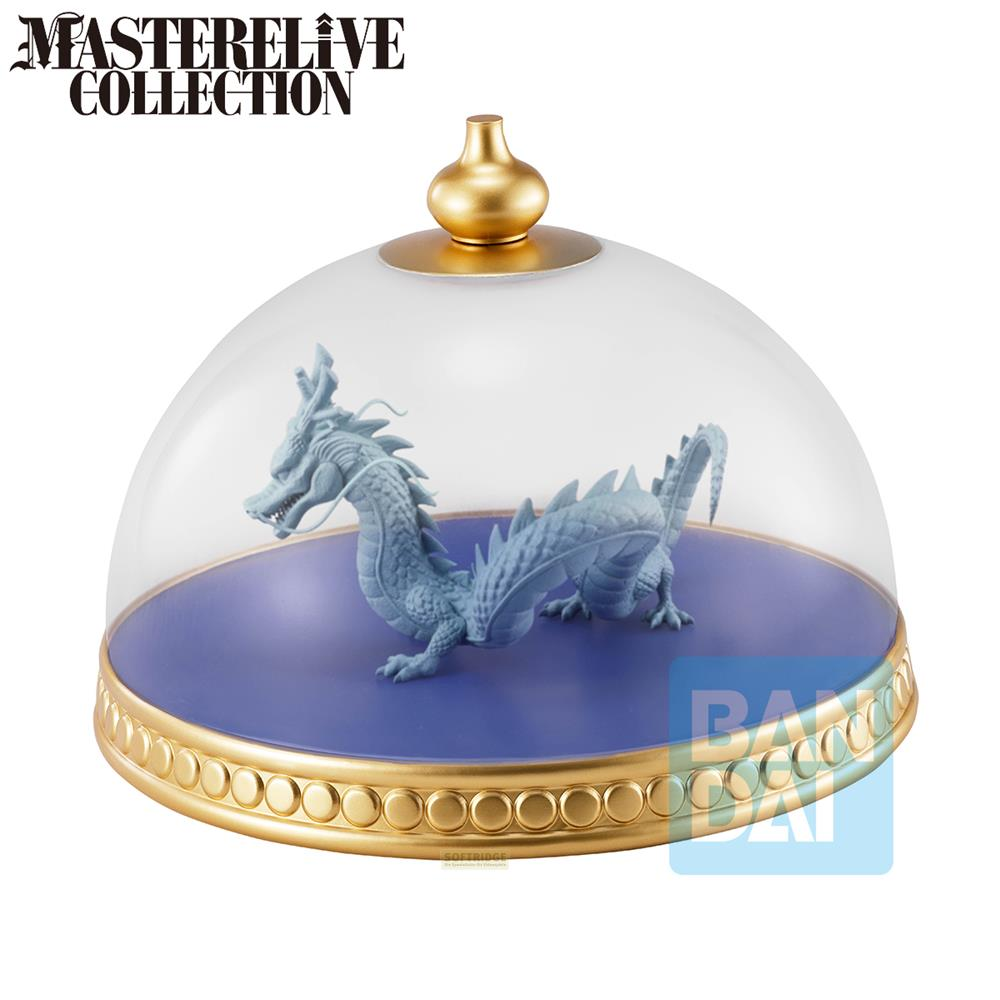 Figura de dragón azul sobre base púrpura bajo cúpula de cristal con pomo dorado.