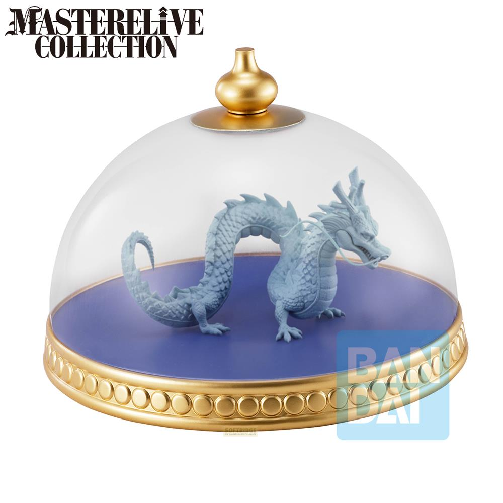 Una figura de dragón azul bajo una cúpula de cristal en un pedestal azul.