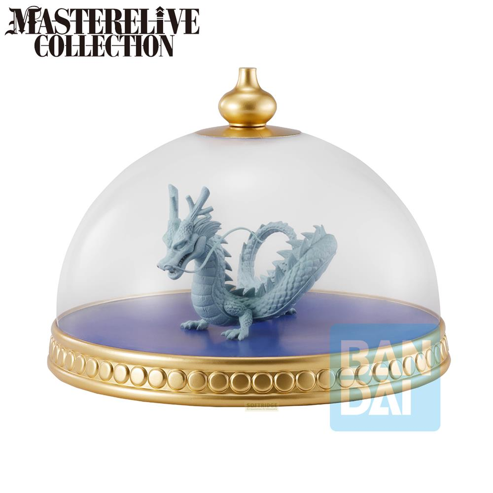 Figura de dragón azul bajo cúpula de cristal con base y tapa doradas.