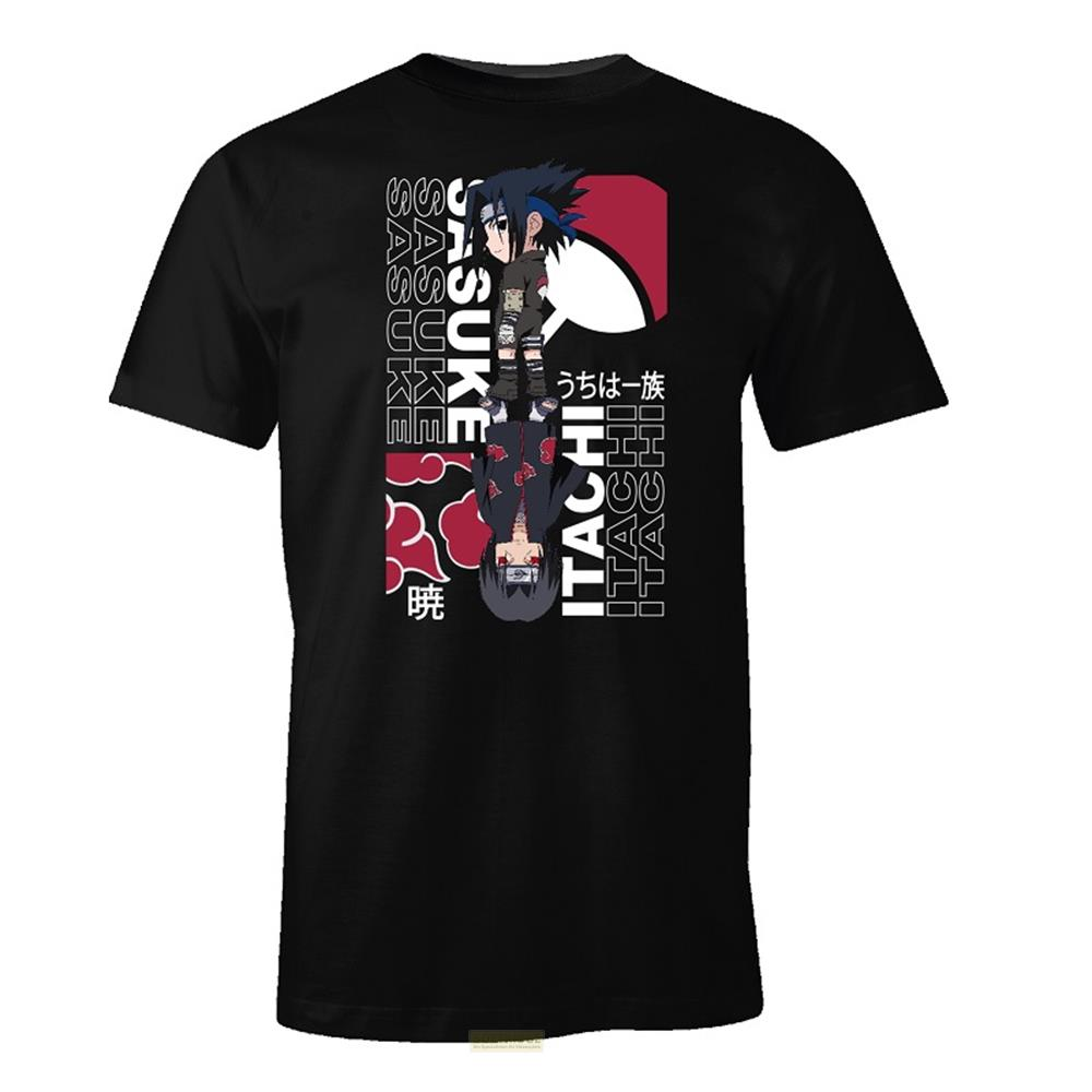 Schwarzes T-Shirt mit Naruto-Motiv: Sasuke und Itachi nebeneinander.