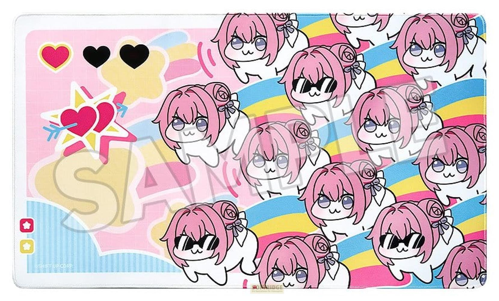 Niedliche rosa Anime-Figuren mit Schleifen, auf bunten Regenbogenstreifen.