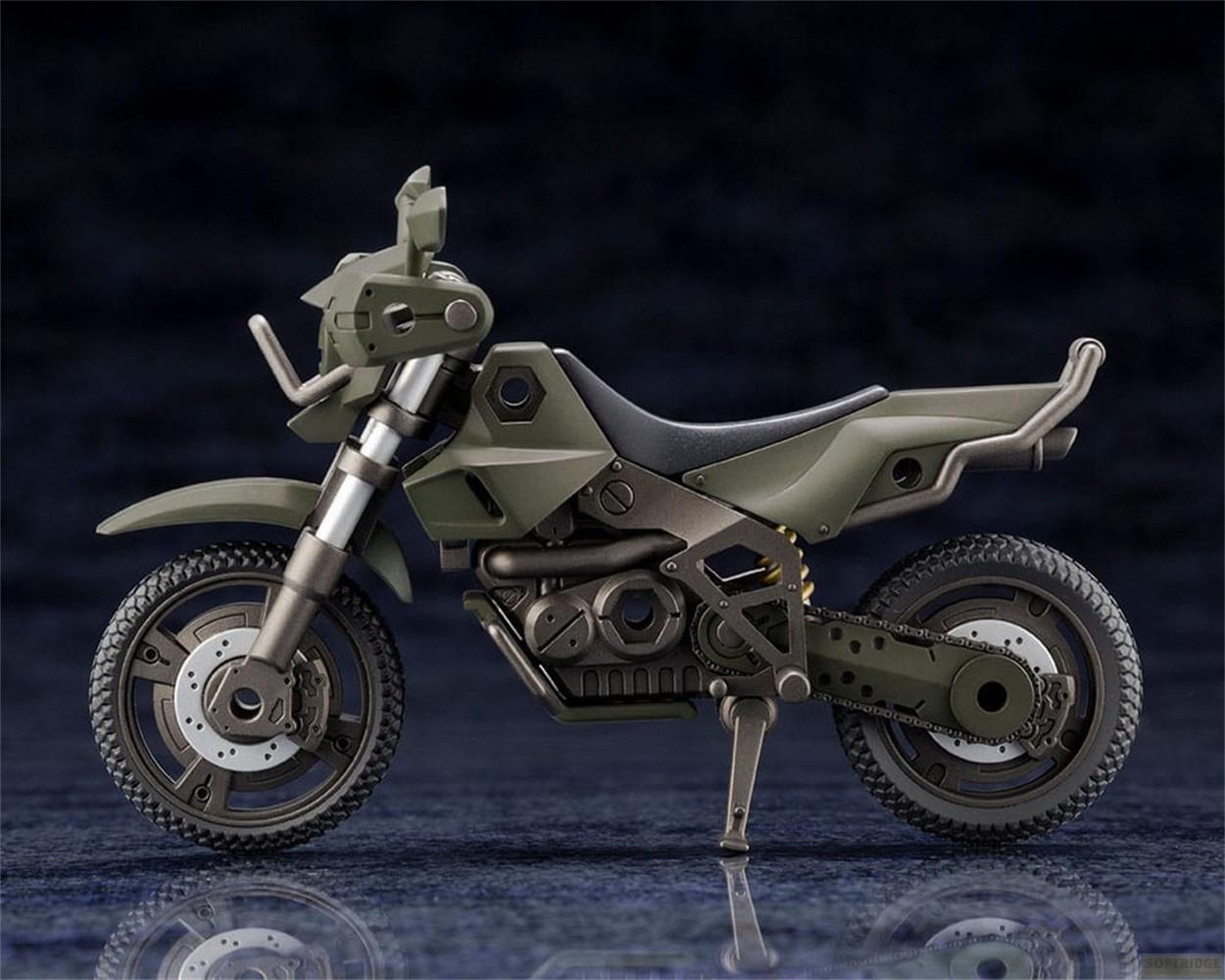 Figurine de moto militaire verte sur fond sombre avec reflet.