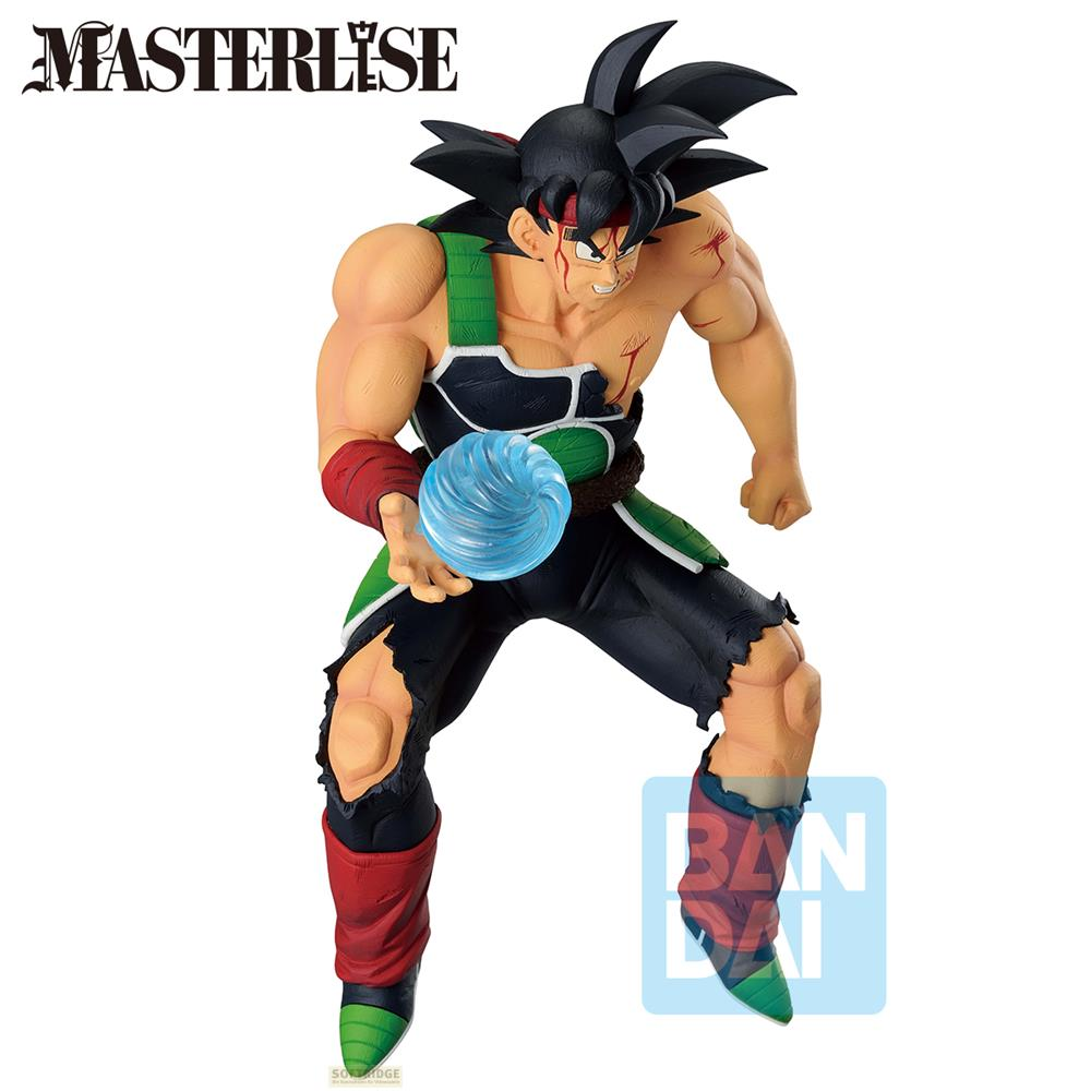 Figura de Bardock con bola de energía azul, viste armadura y ropa rota.