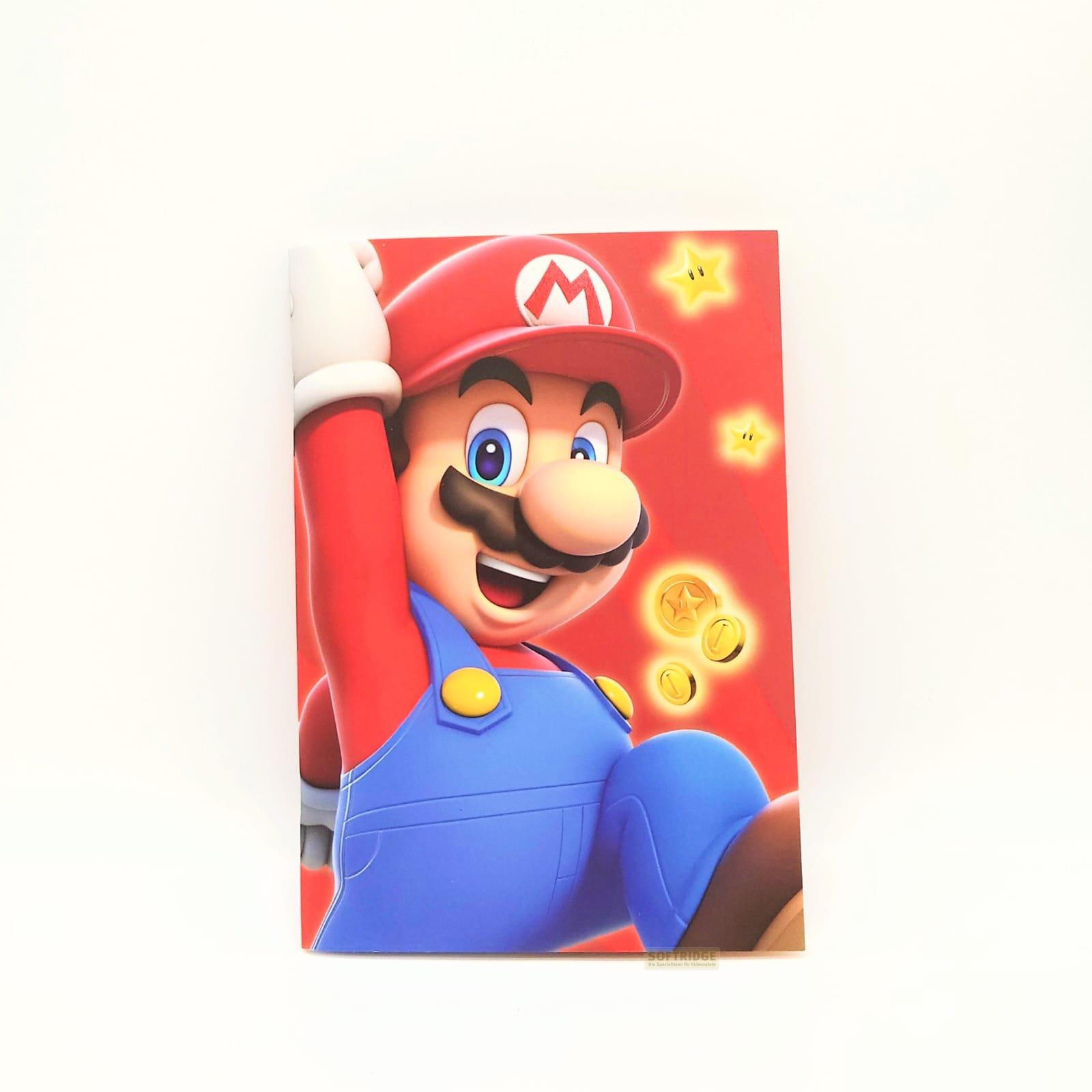 Mario trägt blaue Latzhosen und einen roten Hut, umgeben von Sternen und Münzen.