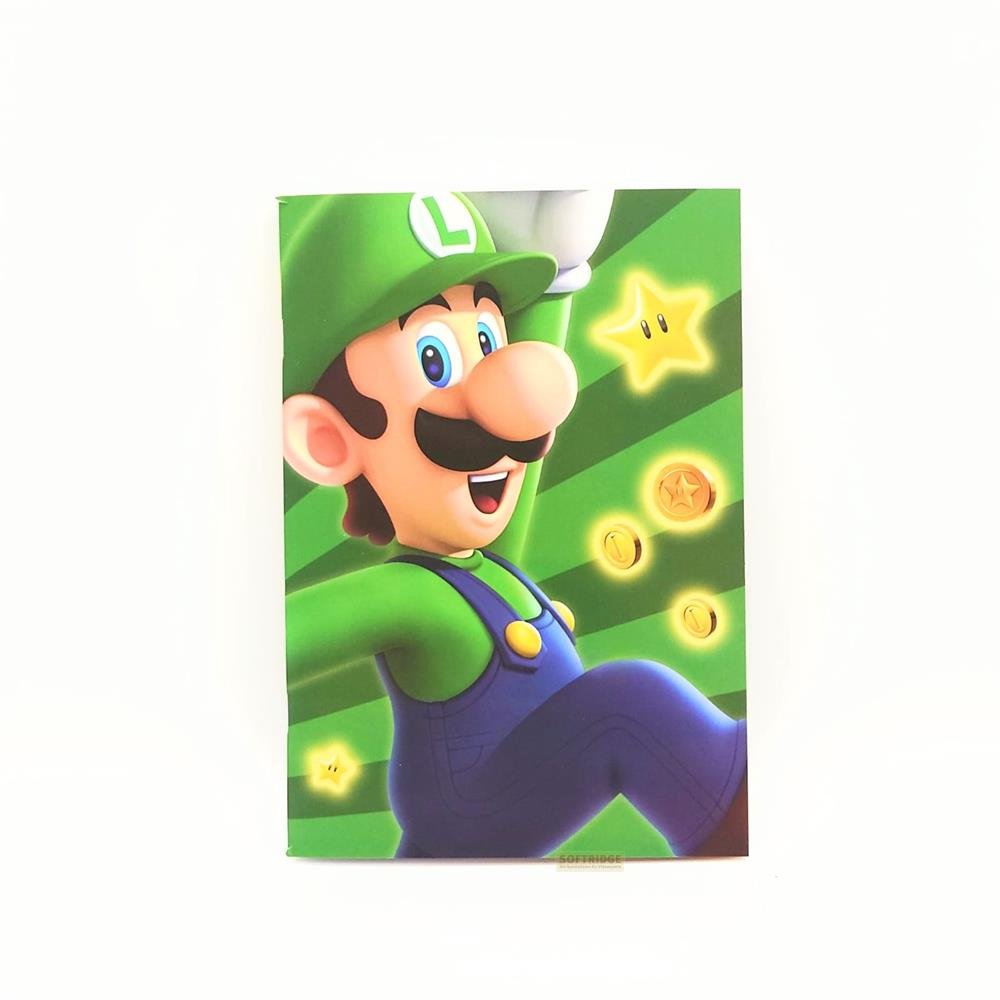 Luigi trägt Latzhosen, mit Sternen und Münzen auf grün gestreiftem Hintergrund.