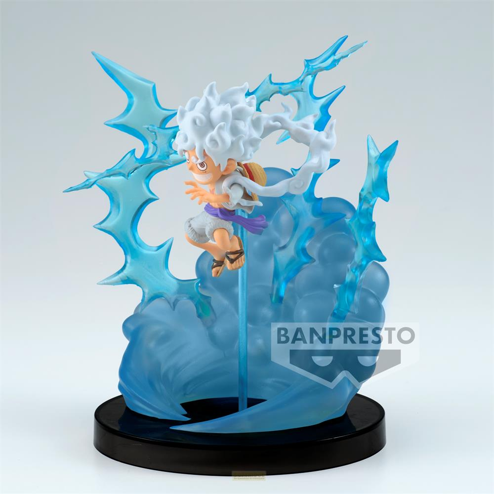 Figura de Monkey D. Luffy en Gear 5 con pelo blanco, rodeado de efectos de energía azul.