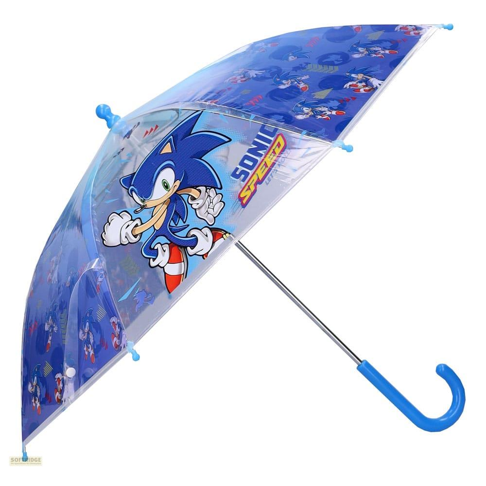 Un paraguas azul de Sonic the Hedgehog con gráficos de Sonic y mango azul.