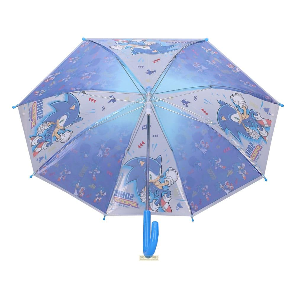 Un paraguas azul de Sonic the Hedgehog con estrellas y flechas.