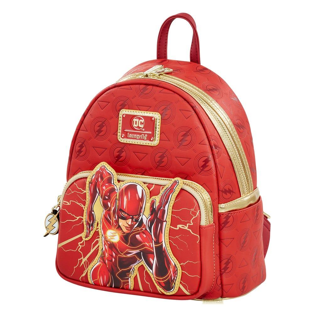 Una mochila roja con el logo de Flash y detalles de rayo.