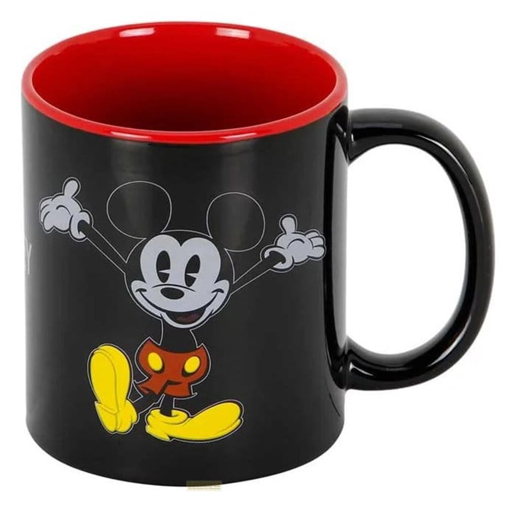 Schwarze Tasse mit Mickey Mouse und rotem Rand.