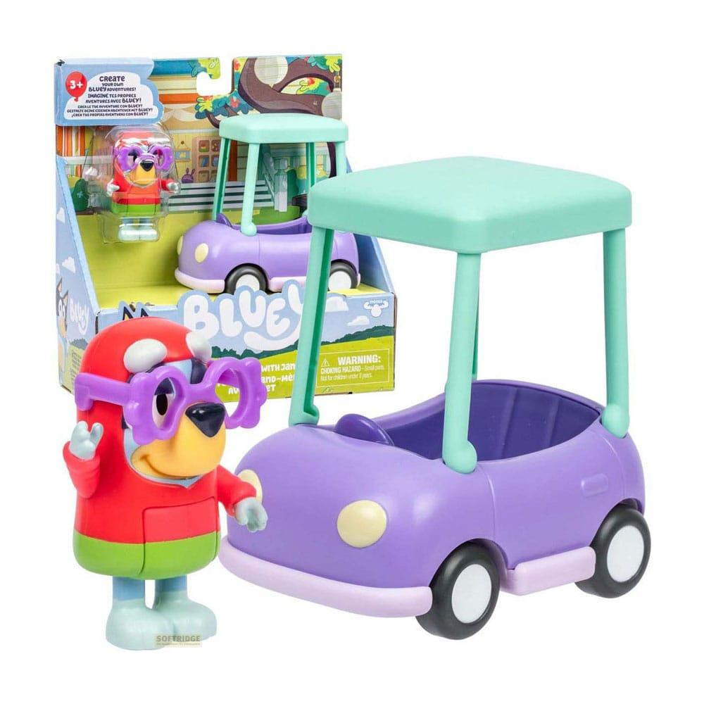 Figura de Bluey con coche morado, juguete en caja.