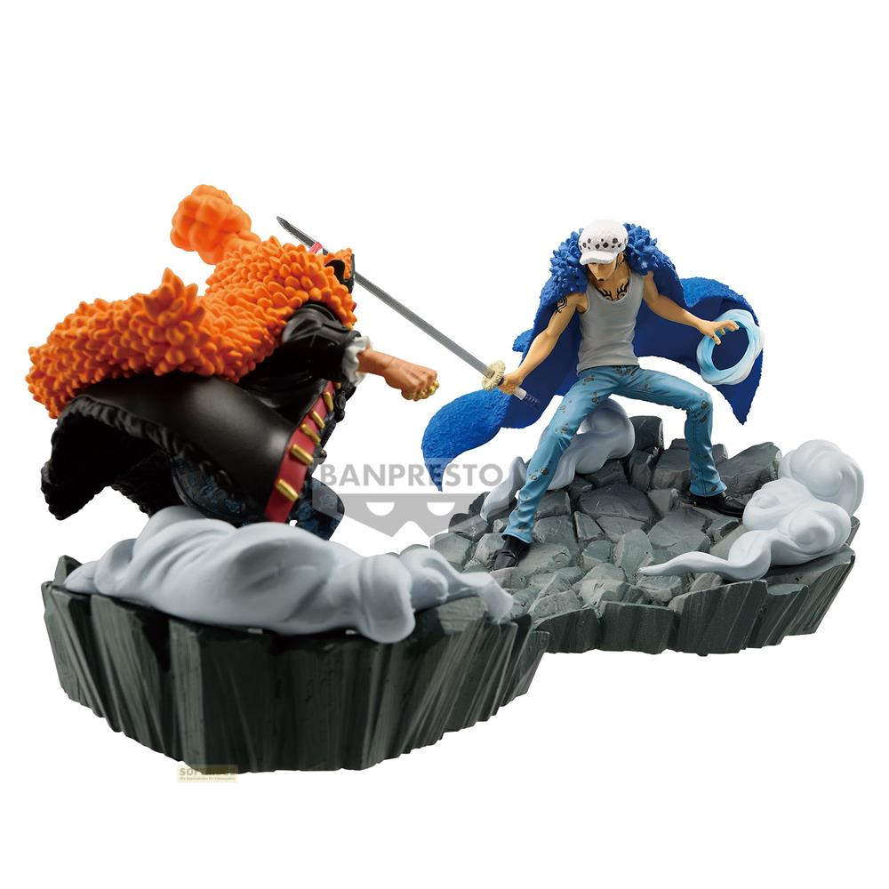 Dos figuras luchan con espadas sobre rocas y nubes.