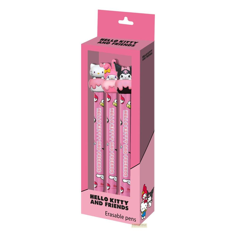 Ein rosa Karton mit drei Hello Kitty Radierstift-Kugelschreibern mit Figuren darauf.