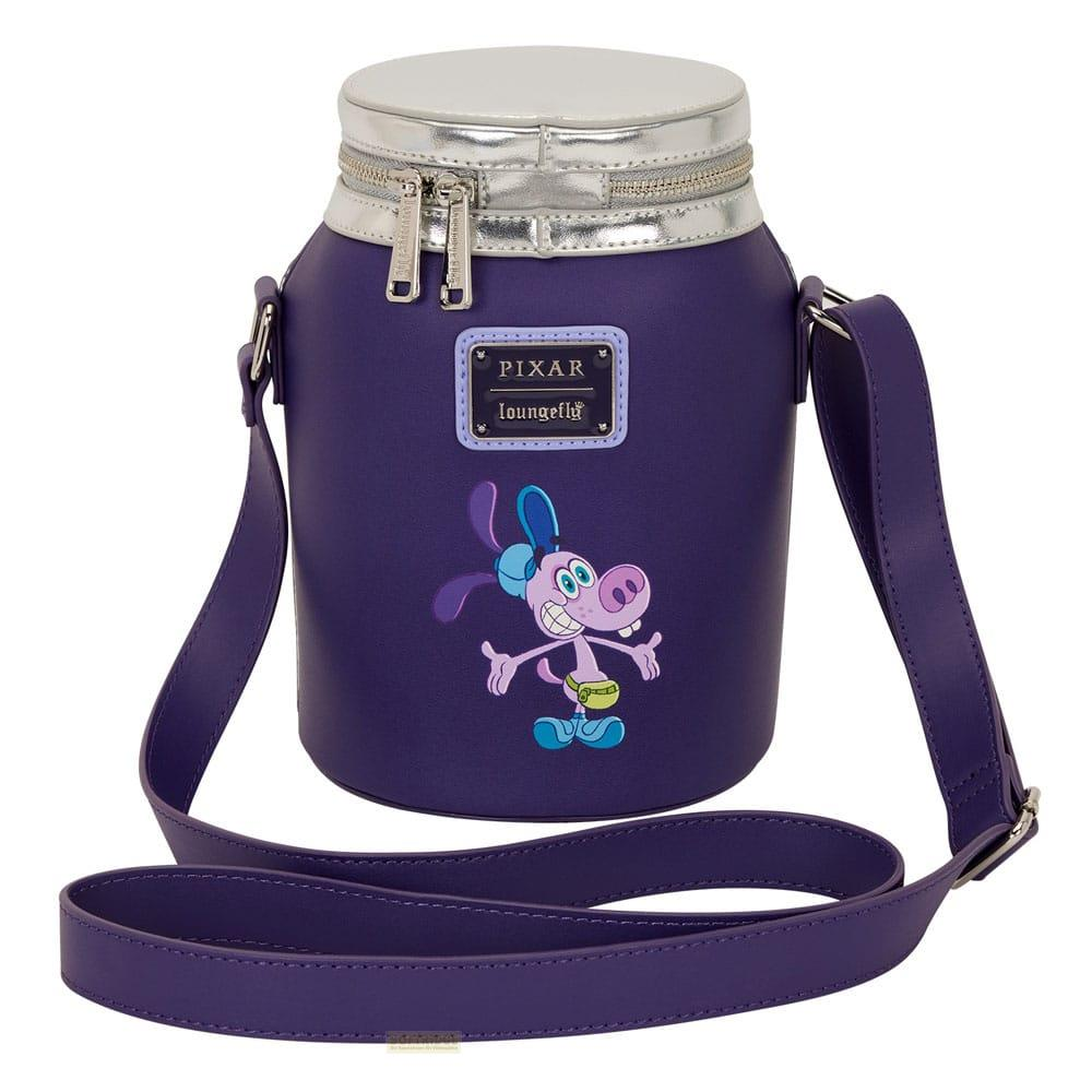 Bolso morado con forma de frasco, personaje de Pixar y correa.
