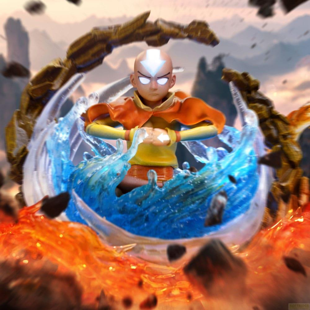 Aang con occhi luminosi, circondato da elementi d'acqua e fuoco.