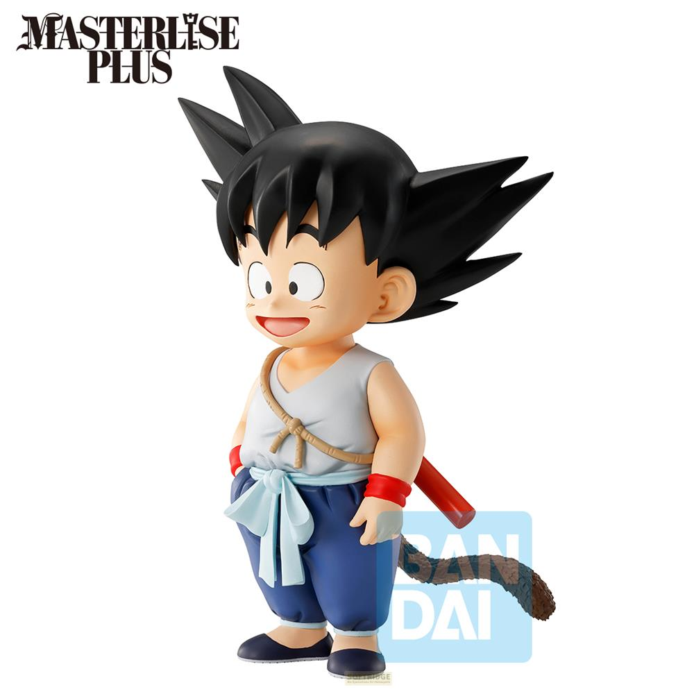 Una figura de Kid Goku con pelo negro, camisa blanca, pantalones azules y cola.