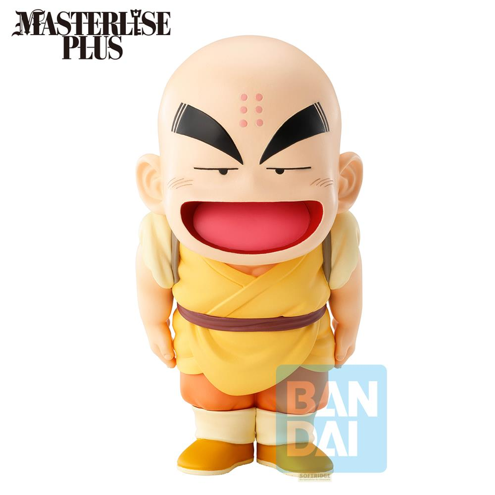 Figura de Krilin con traje amarillo, pantalones cortos naranjas, botas blancas y cinturón.