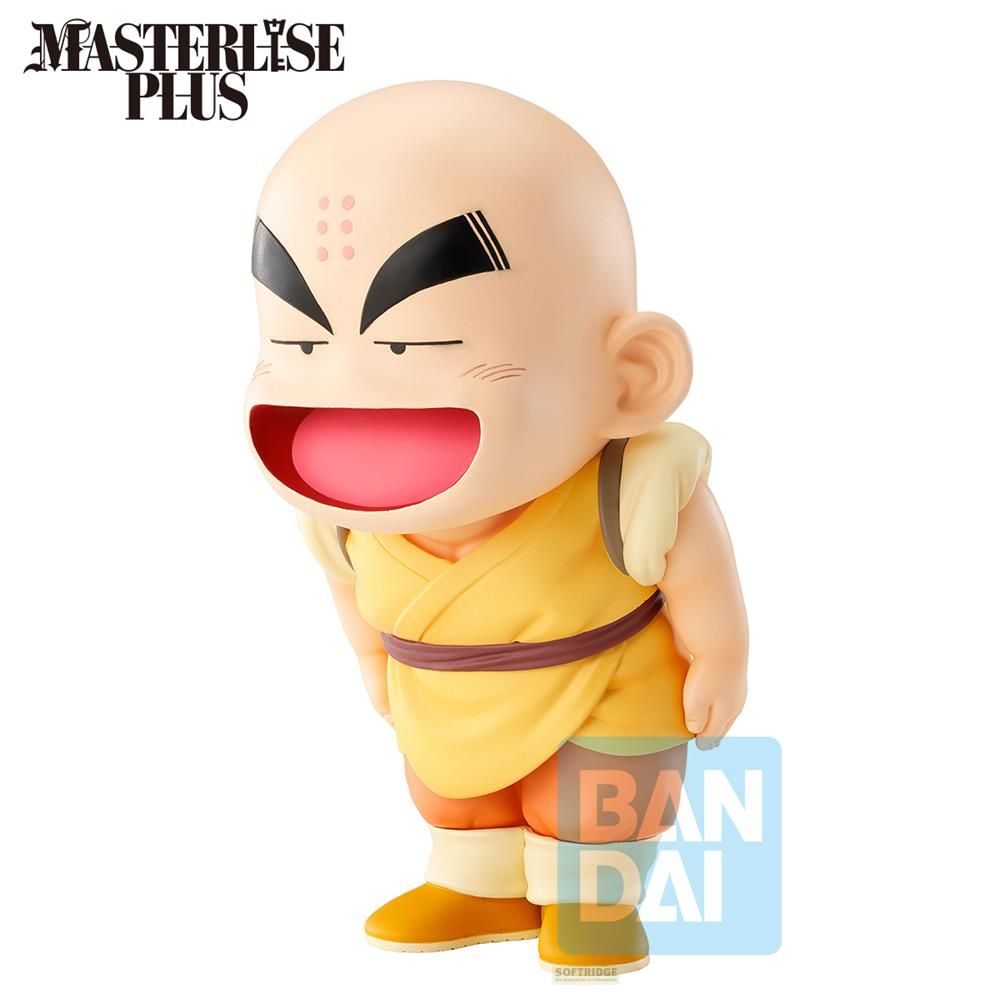 Figura de Krilin con gi amarillo y cinturón marrón, haciendo reverencia.