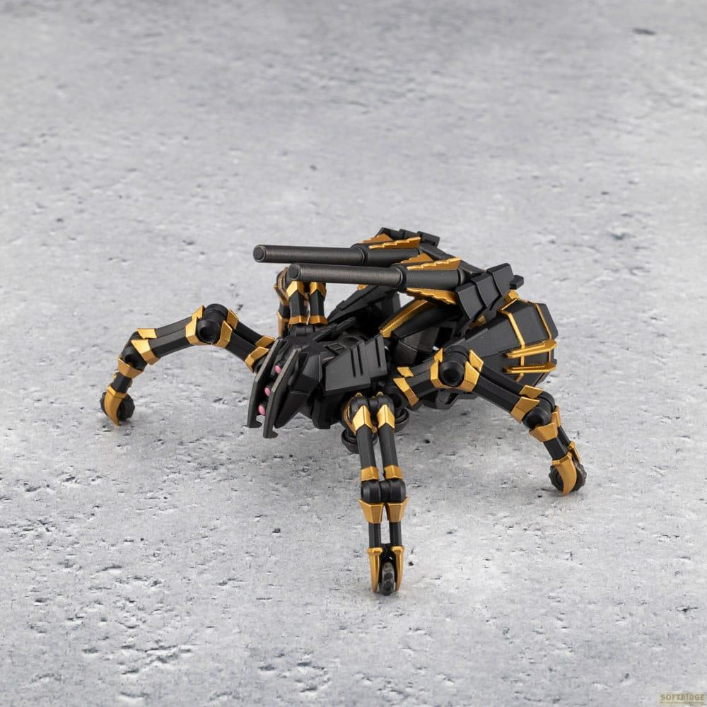 Ein schwarzer Spinnenroboter mit goldenen Akzenten und zwei Rohren.