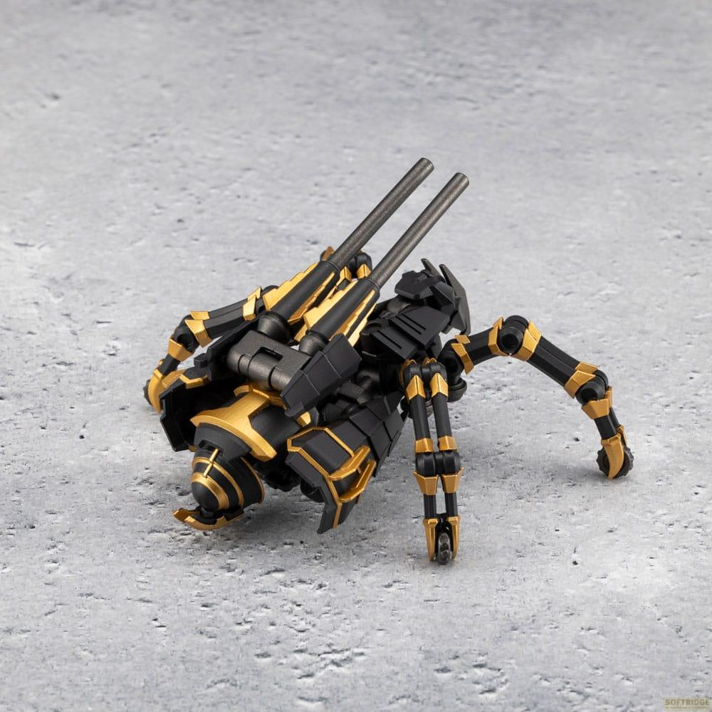 Schwarzer Spinnenroboter mit goldenen Akzenten und zwei Kanonen.