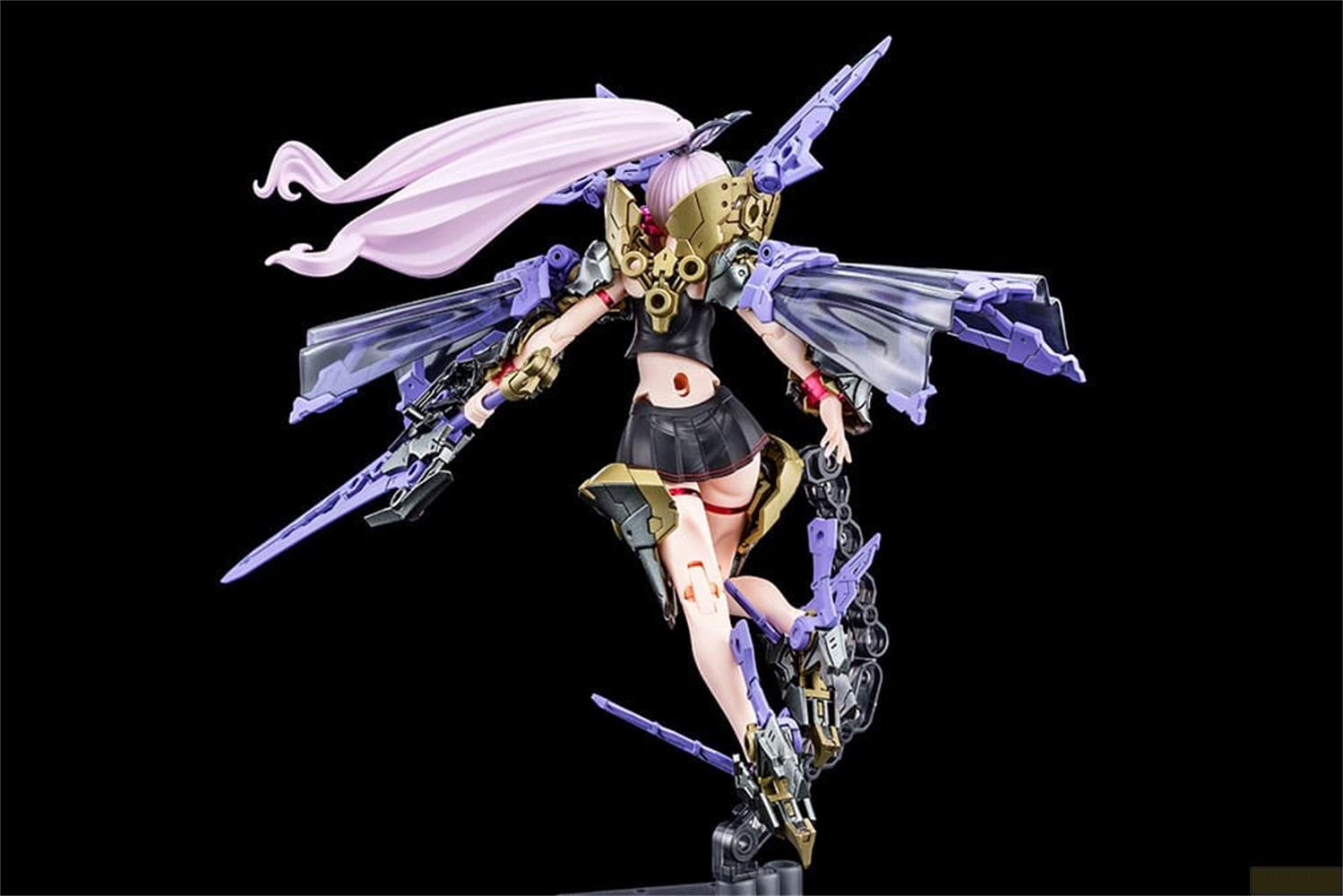 Une figurine d'action aux cheveux violets, vêtements noirs et ailes.
