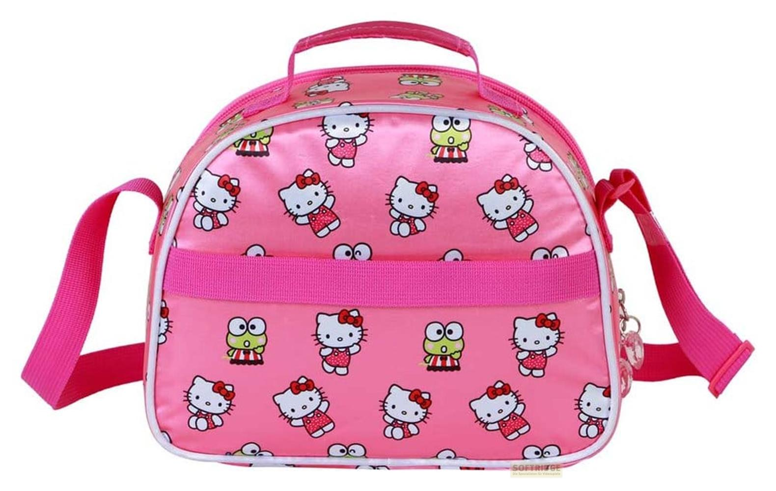 Bolso rosa con estampado de Hello Kitty y Keroppi, con asa y correa.