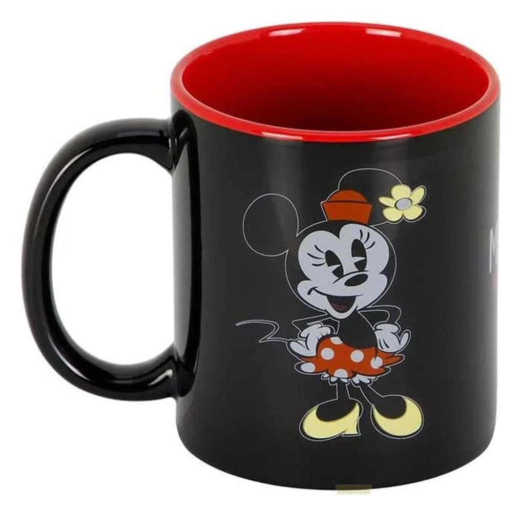 Taza negra con estampado de Minnie Mouse y interior rojo.