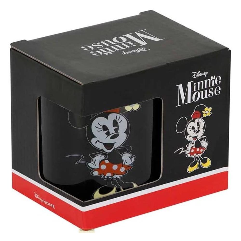 Taza negra de Minnie Mouse de Disney en caja con detalles rojos y blancos.