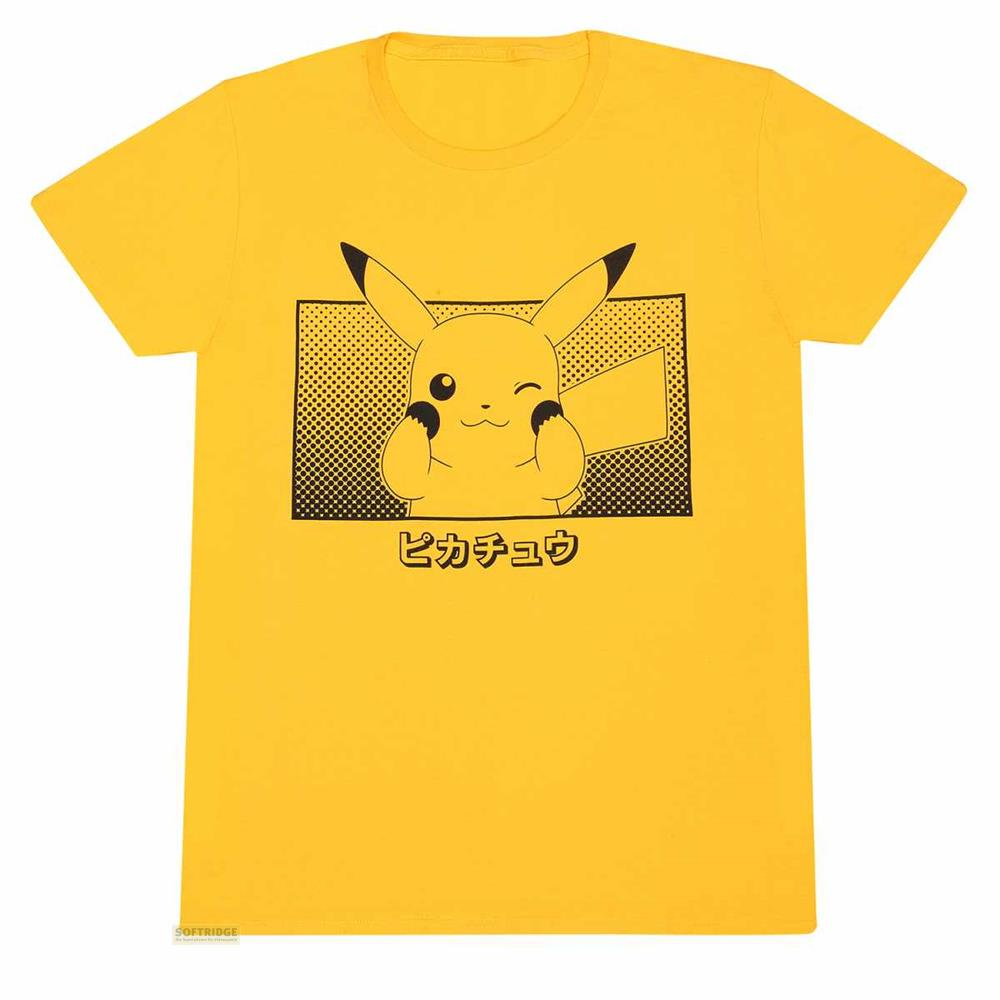 Ein gelbes T-Shirt mit einem Pikachu-Aufdruck und japanischer Schrift.