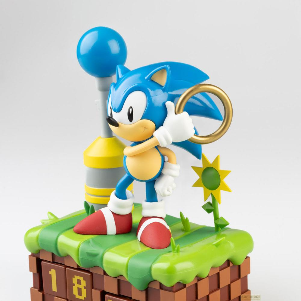 Sonic sostiene un anillo dorado, de pie sobre hierba verde con flor y poste.
