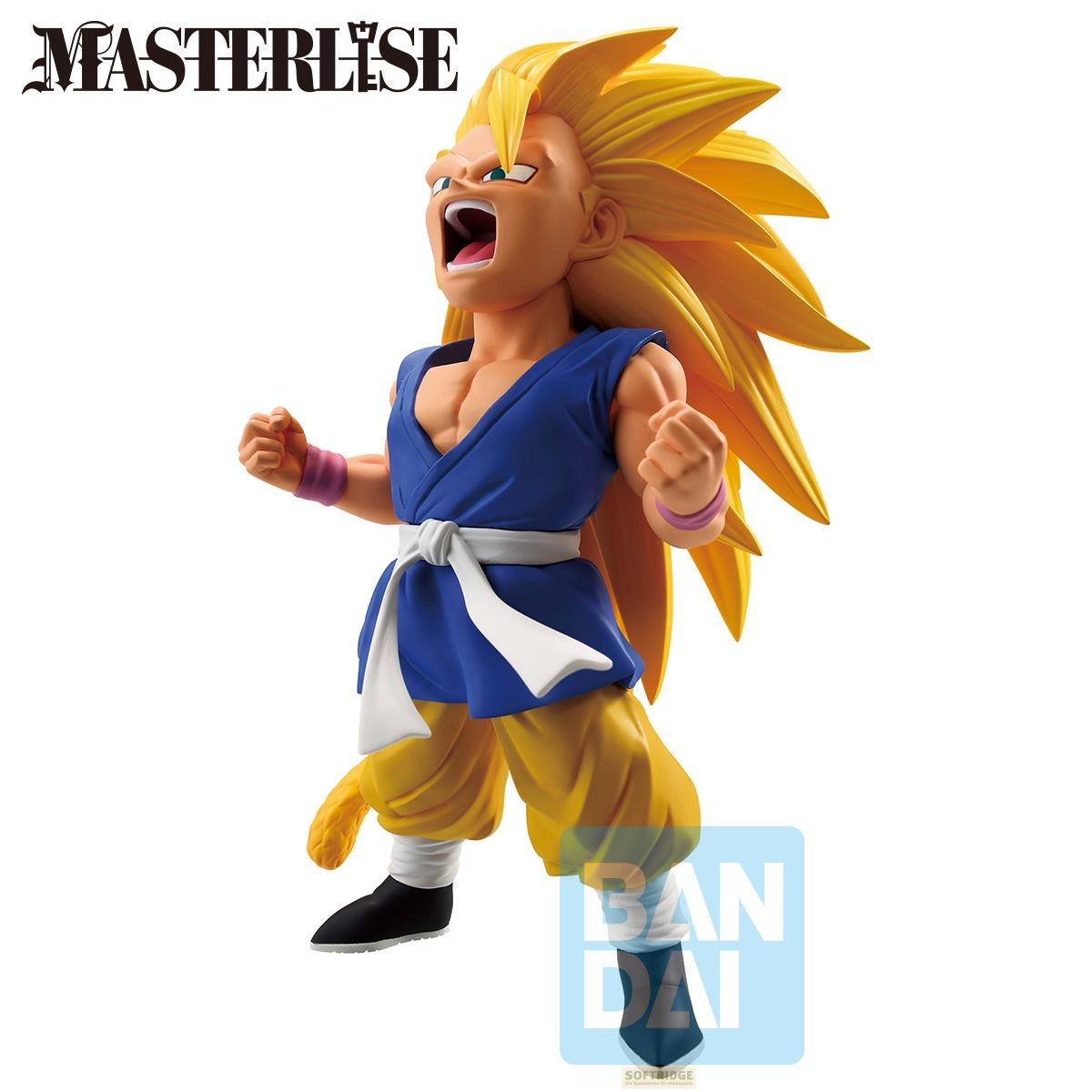 Una figura de Goku con pelo largo y puntiagudo amarillo, top azul y pantalones amarillos.