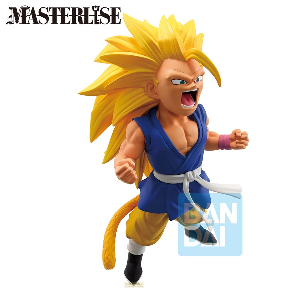Figura con pelo amarillo puntiagudo, túnica azul y fajín blanco.