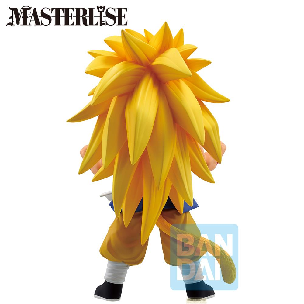 Figura de Son Goku con pelo largo y amarillo, ropa naranja y cola.