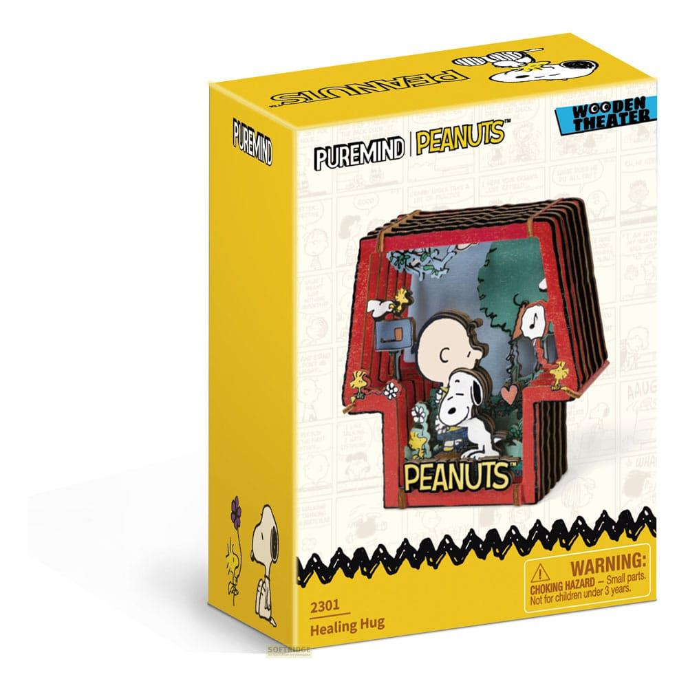 Théâtre en bois Peanuts avec Charlie Brown et Snoopy sur une boîte jaune.