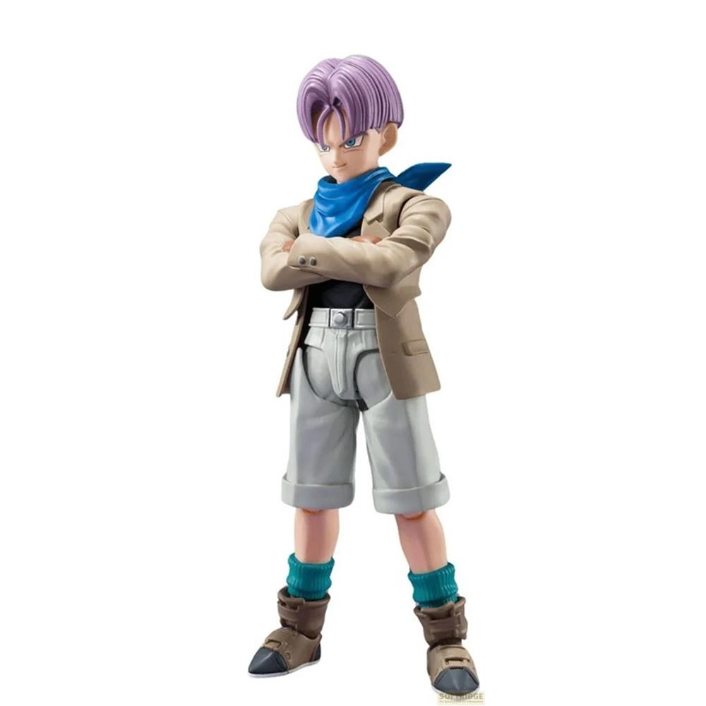 Eine Figur mit violettem Haar, die einen braunen Blazer, graue Shorts und blaue Socken trägt.